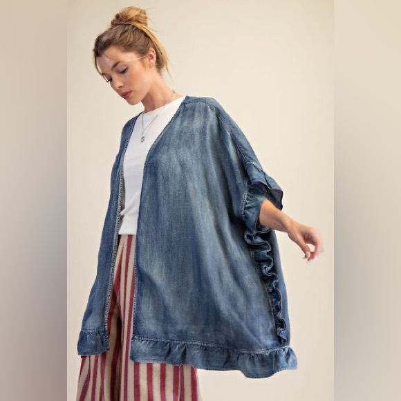 EASEL Star patchwork layer Denim Patch Kimono chambray soft denim look ruffle - Picture 2 of 6